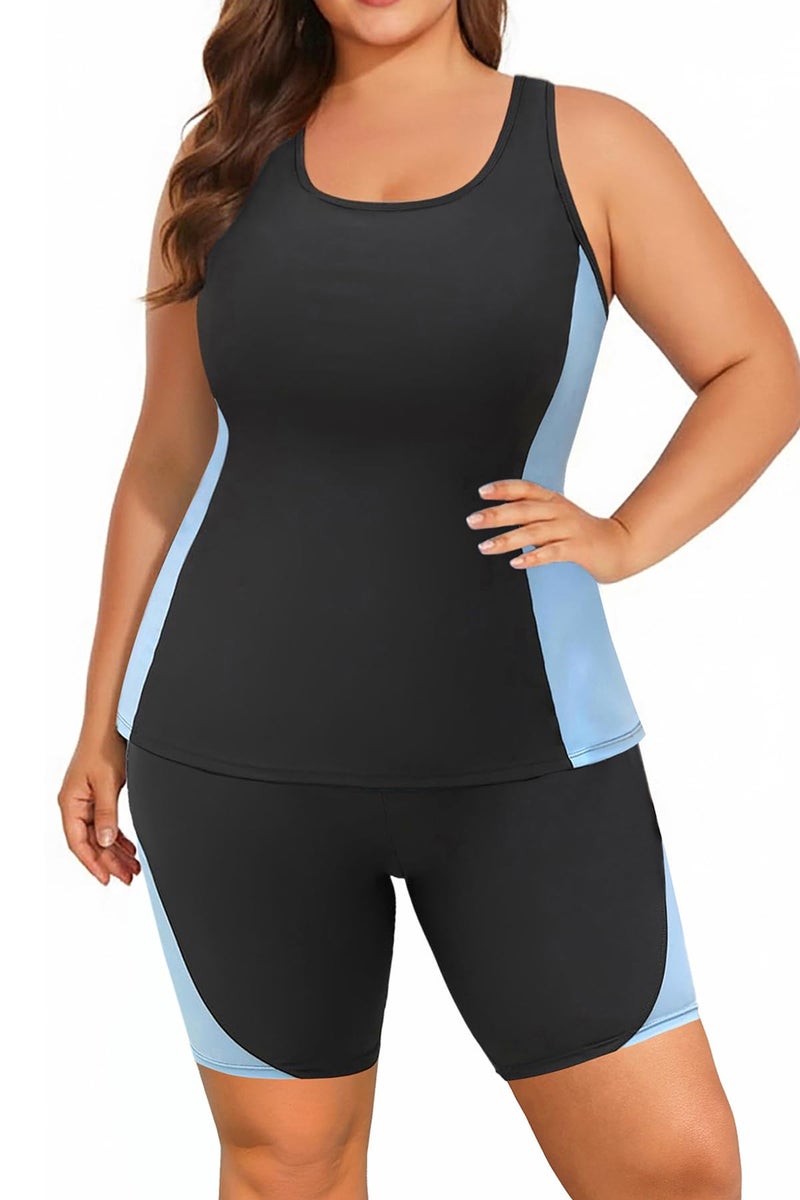 Daci Women's Plus Size Tankini Swimsuit - Two Piece Rash Guard with Capris Shorts and Athletic Racerback Bathing Suit Light Blue 18 Plus - Image 1